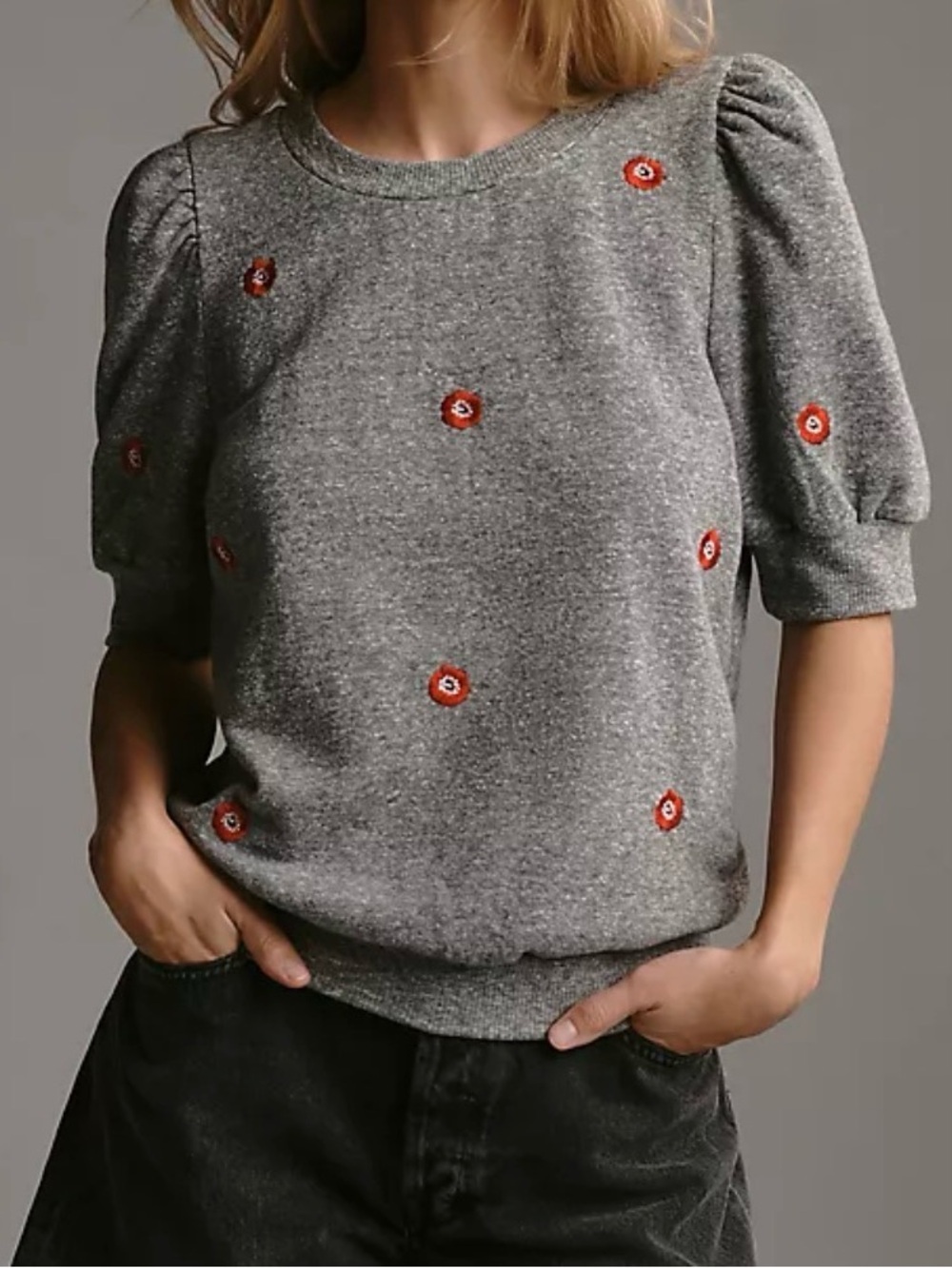 T.La Gray Short Puff Sleeve Tee with Red Floral Embroidery